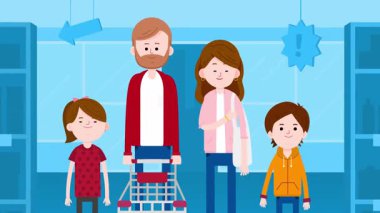 Süpermarkette yürüyen ve alışveriş yapan ebeveynlerin ve iki çocuğun mutlu aile animasyonu, orta boy. Alışveriş aile hafta sonu.
