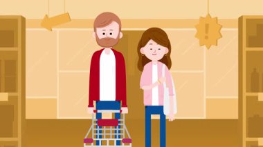 Süpermarkette yürüyen mutlu çiftin animasyonu, orta boy. Marketten alışveriş yapan pozitif erkek ve kadın. Alışverişi seven çiftler, alışveriş merkezinde birlikte eğleniyorlar..