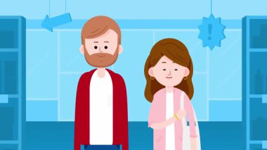 Süpermarkette yürüyen mutlu çiftin animasyonu, orta çekim. Marketten alışveriş yapan pozitif erkek ve kadın. Alışverişi seven çiftler, alışveriş merkezinde birlikte eğleniyorlar..