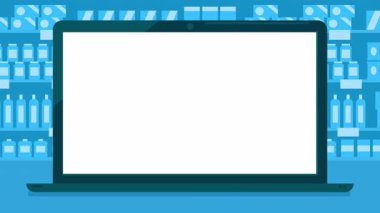 Çizgi film tarzında süpermarket raflarının arka planında boş bir dizüstü bilgisayar ekranının animasyonu. Çevrimiçi alışveriş, e-ticaret, kara cuma, siber pazartesi, sıcak satış.