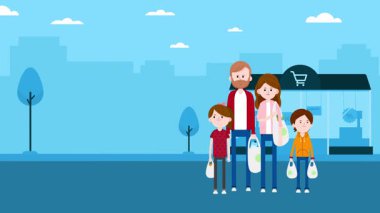 Bir süpermarketin önünde gülümseyen ve tezahürat yapan mutlu bir ailenin düz stil çizgi film animasyonu. Önünde bir aile olan bir marketin animasyonu. Aile alışverişi..