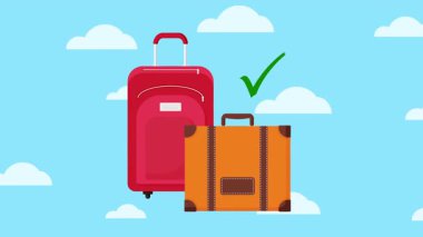 Bulutlu bir arka planda yeşil işaretli Seyahat Çantası ve Çantasının Düz Çizgi Filmi. Yolculuk için hazır. Trip ögesi kontrolü. Seyahat için turizm konsepti gereklidir.