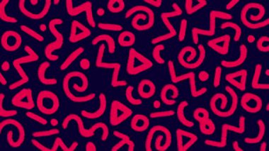 Retro soyut 90 'lar tarzı tasarım arka plan animasyonu. Fırça şekilleri farklı renklerde. Memphis tarzı. Kusursuz döngüler 4K pop sanat tasarımı.