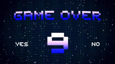 Oyun için 8-bit geri sayım ızgarada ve hareket eden yıldızların arka planında. Devam etmek istiyor musun? Evet, hayır. Retro vintage Bilgisayar Oyunu canlandırma videosu.