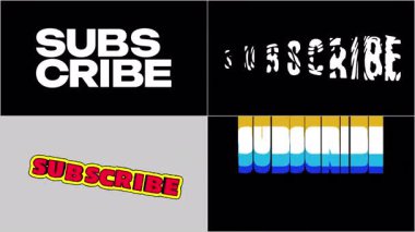 4 farklı animasyon başlığı seti. Abone olan modern büyüleyici metin canlandırma döngüleri alfa şeffaf arkaplan üzerinde.