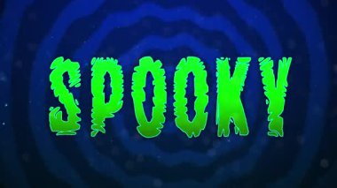 Cadılar Bayramı için ürkütücü kelimenin animasyonu. Mavi soyut sarmal hipnotik arka planda parçacıklı yeşil harfler. Bayrak Cadılar Bayramı Partisi.