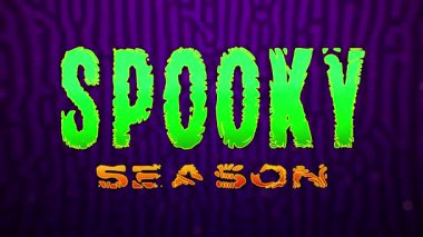 Ürkütücü sezon Cadılar Bayramı kutlaması için metin animasyonu. Mor soyut arkaplanda parçacıkların olduğu yeşil ve turuncu harfler. Pankart. Cadılar Bayramı partisi.