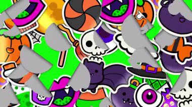 Cadılar Bayramı Geçişi. Ekran Korku ve Korkunç Çıkartmalar ile doluyor ve sonra kayboluyor. Ürkütücü, Dehşet, Korku, Ürkütücü, Şeker ya da Hediye, Lanetli. 4K Alfa arkaplanı.