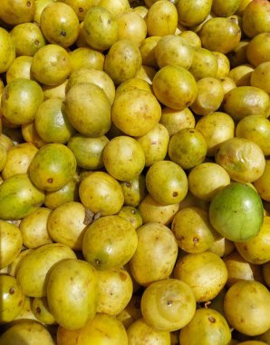 Umbu adında bir grup tropikal meyve bir pazarda satılacak.