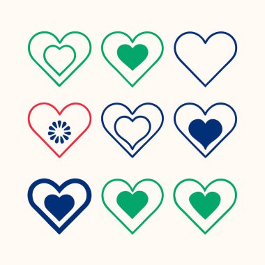 Set of colorful double heart icons with various decorative elements clipart