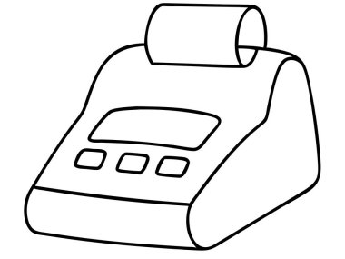 Ayrıntılı bir siyah beyaz çizgi çizimi modern bir elektronik yazar kasayı tasvir ediyor. Bu vektör grafiğinde bir POS makinesi var. Perakende, iş ve ticaret için ideal. Çıkış, satış ve para transferi ile ilgili tasarımlar için mükemmel.