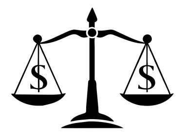 Finansal adalet ve denge bu katı, siyah ve beyaz vektör illüstrasyonunda sembolize edilir. Para, finans ve bankacılık kavramını temsil eden dolar işaretleri vardır. Finansal hukuku, ticareti ve ekonomiyi gözünde canlandırmak için idealdir.