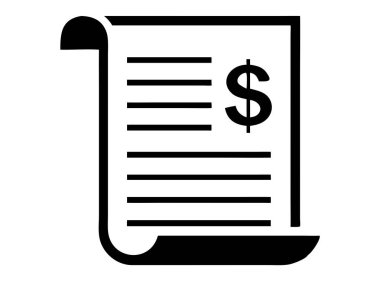 Belirgin bir dolar işareti olan ve ödemeyi temsil eden bir mali belgeyi simgeleyen katıksız siyah beyaz bir illüstrasyon. Bu çok yönlü vektör grafiği ticari işlemleri, finans, muhasebe ve vergi kavramlarını resmetmek için idealdir. Bunu kullan.