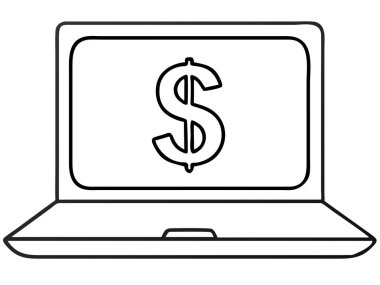 Basit bir siyah-beyaz illüstrasyonda dolar işareti gösteren bir dizüstü bilgisayar tasvir ediliyor, finans ve iş uygulamaları için mükemmel. Bu grafik online bankacılık, yatırım ve dijital para birimi kavramlarını temsil etmek için idealdir. Bu vektör resmini kullan