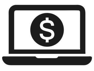 Bir dijital dizüstü bilgisayar ekranı etkili bir dolar işareti gösterir, çevrimiçi iş ve mali işlemleri sembolize eder. Bu monokrom illüstrasyon e-ticaret, bankacılık ve internet ticaret kavramları için temiz bir görsel sunuyor. Beni temsil etmek için ideal.