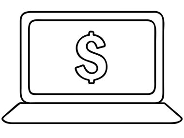 Bir dolar işareti gösteren bir dizüstü bilgisayarın minimalist siyah ve beyaz vektör çizimi, finansal kavramları temsil etmek için mükemmel. Bu grafik para, finans ve yatırım, iş için ideal, çevrimiçi bankacılık veya web tasarımı göstermektedir. Bu resmi kullan t