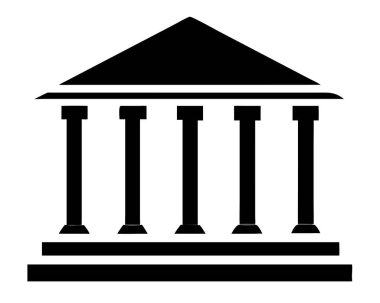 Minimalist bir siyah-beyaz vektör illüstrasyonu, beş belirgin sütun ve bir pedikürden oluşan klasik bir bina tasvir eder. Bu ikonik imaj mimariyi, hukuku ve adaleti temsil ediyor. Hükümeti, eğitimi veya tarihi temsil etmek için ideal 