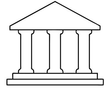 Bir minimalist siyah-beyaz vektör çizimi, temiz beyaz arka plana karşı üç kolona sahip klasik bir bina tasvir eder. Bu mimari tasarım, Yunanistan ve Roma 'nın antik tarzlarını çağrıştırıyor. İkon ya da hükümet sembolü olarak mükemmel, yasakla