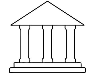 Monokrom vektör illüstrasyonunda sütunları, üçgen çatısı ve basit bir taslağı olan klasik bir adliye binası tasvir edilir. Bu grafik hukukun, yasal kurumların ve hükümetin simgesel bir temsilini sunuyor. Tasarım projeleri için ideal