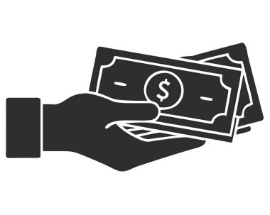 Bir el, finansal bir simge olarak tasvir edilen bir yığın Amerikan dolarını sıkıca tutar. Bu siyah-beyaz siluet grafik para, nakit ve para kavramlarını temsil ediyor, finans, iş, ödeme veya bankacılık temalarını resmetmek için mükemmel. İdeal.