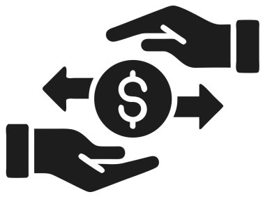 Para değişimi tasvir eden vektör çizimi, finans ve para transferi kavramlarını resmetmek için mükemmel. Grafikte bir el, ok ve ilgili semboller, iş, yatırım ve mali işlem tasarımları için ideal. Uygun. 