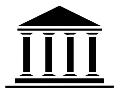Bir minimalist siyah-beyaz vektör çizimi klasik bir bina cephesini tasvir eder. Dört önemli sütunun yer aldığı bu tasarım, yasal veya hükümet bağlamları için ideal mimariyi çağrıştırıyor. Sembol, simge ya da amblem olarak kullanılabilir
