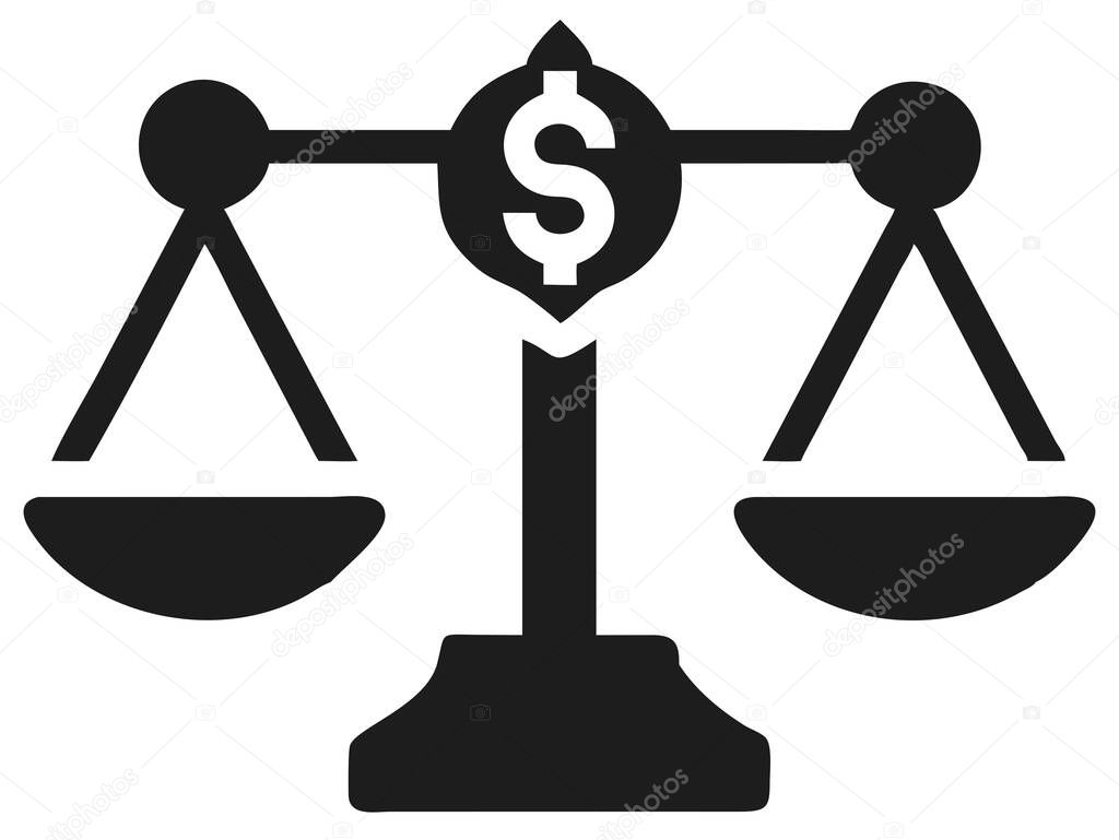 A classic scales illustration depicts the financial balance concept. This black and white vector image features a US dollar symbol centered within the scales, symbolizing financial stability. Ideal for finance, business, and banking projects, it repr
