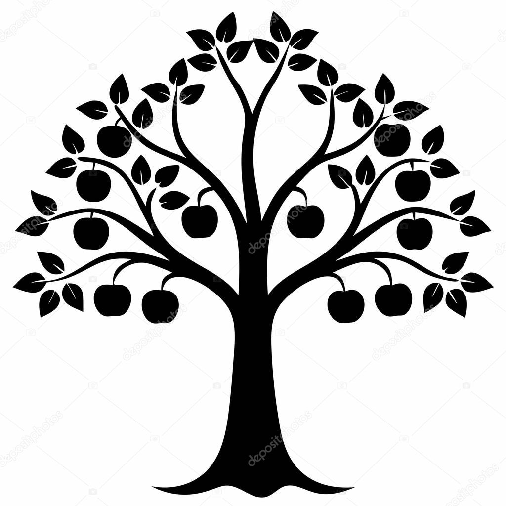 Simple black and white apple tree silhouette