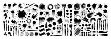 Siyah-beyaz sanatsal fırçalar, sıçramalar, vuruşlar ve boya dokuları. Yaratıcı tasarım, dijital sanat ve dokulu arka planlar için mükemmel.