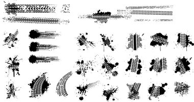 Grunge lastik izleri, mürekkep sıçramaları ve desenler, soyut arka planlar, otomotiv tasarımları ve yaratıcı grafik projeler için ideal.