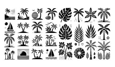 Palmiye ağaçları, yapraklar, yelkenliler ve siyah siluet tarzında yaz esinlenilmiş elementlerin yer aldığı tropikal ada ikonları koleksiyonu. Tasarım projeleri, plaj temaları ve seyahat markaları için mükemmel.