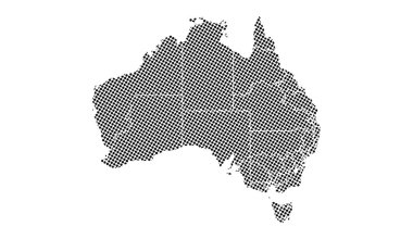 Yarı ton noktalı Avustralya haritalı silueti siyah beyaz, soyut tasarımlar ve coğrafi temalar için mükemmel. Dokular, baskılar ve desenler için ideal