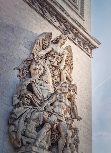 Closeup Detalhes Arquitetônicos Arco Triunfal Paris França Resistance 1814 Adorna — Fotografia de Stock