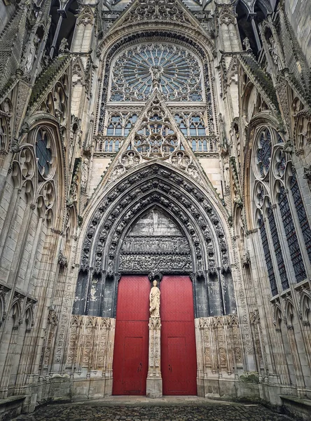 Notre Dame Rouen Kathedraal Zijdeur Architectonische Oriëntatiepunt Geveldetails Met Stijlen — Stockfoto