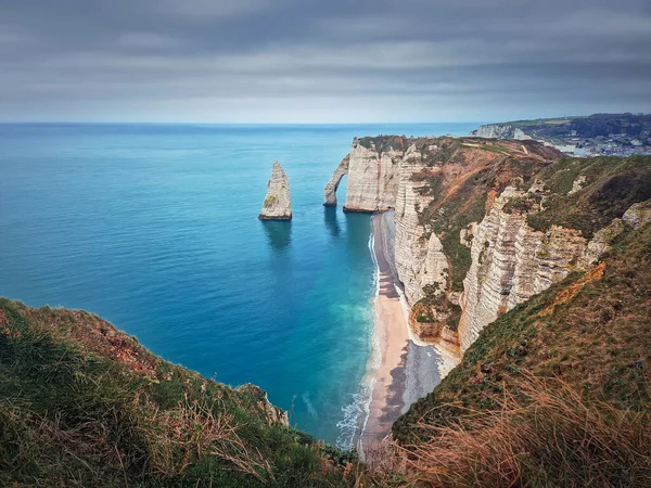 Sightseeing View Famous Rock Aiguille Etretat Normandy France Limestone Cliffs — Stock Photo, Image