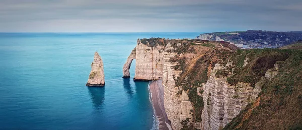 Panoramautsikt Över Den Berömda Klippan Aiguille Etretat Normandie Frankrike Kalksten — Stockfoto
