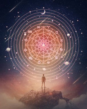Bir dağın tepesinde yıldızlı gece gökyüzünde astrolojik tekerleğin yansımasını izleyen bir insanın olduğu muhteşem bir sahne. Zodiac işaretleri, sihirli burç sembolleri.