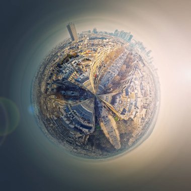 Aerial Paris uzayda bir mikro gezegen. Fransa 'nın La Defense metropolitan bölgesini gören bir dünya manzaralı şehir manzarası. Champs-Elysee Bulvarı, Paris mimarisi ve simgeleri