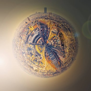 Aerial Paris uzayda bir mikro gezegen. Paris Bulvarları ve Champs-Elysee, Fransa manzaralı panoramik şehir manzarası. Güzel mimari simgeleri, romantik bir yer.