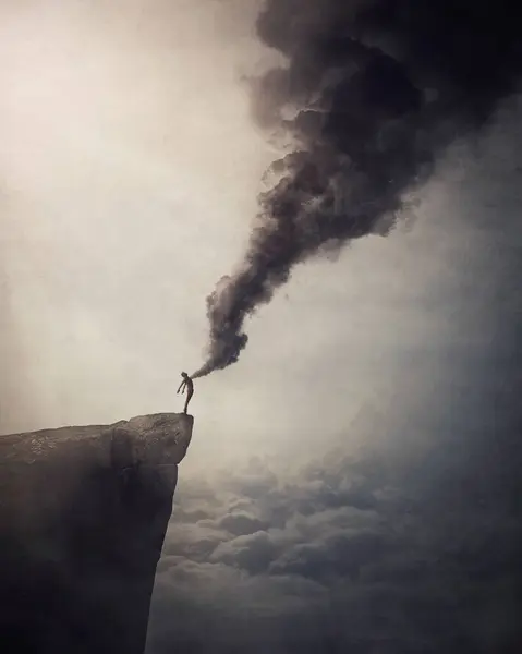 Deliver Evil Conceptual Scene Person Edge Cliff Liberates Dark Smoke — Stock Photo, Image