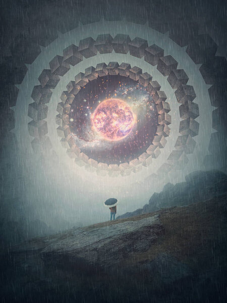 Person with umbrella watching through fog and rain the surreal cosmic portal. Abstract circular construction leading to another galaxy. Mysterious alien invasion scene with UFO on the background