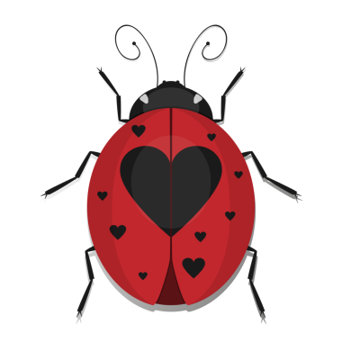 Kırmızı bir vücudu ve siyah kalp şeklinde benekleri olan stilize uğur böceği. Uğur kuşu tasarımı benzersizdir ve aşk motiflerinden dolayı görsel olarak çekicidir.