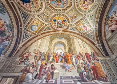 VATİKAN ŞEHRİ, Roma, İtalya - 02 Ağustos 2025 Raphael 'in freski, Atina Okulu, Havari Sarayı, Segnatura Odası' nda yer almaktadır. Görkemli tablo antik Yunan filozoflarını tasvir ediyor