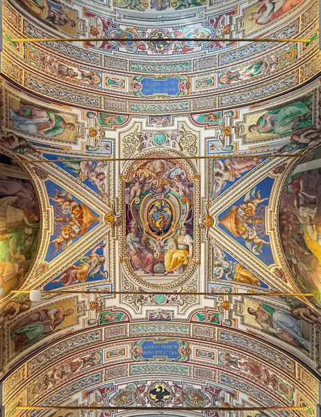 VATİKAN ŞEHRİ, Roma, İtalya - 02 Ağustos 2025 Karmaşık freskler ve tablolardan oluşan zengin bir duvar halısı olan muhteşem bir tavan. Paneller renk ve figürlerle dolu.