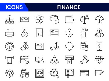 Finans ve iş dünyası simgeleri koleksiyonu. Büyük UI simgesi düz dizayn edildi. İnce taslak simgeleri paketle. 