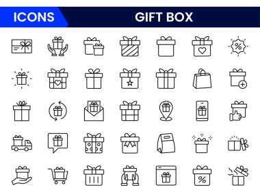 Hediye kutusu simgesi seti. Hediye kutusu çizgileri ve siluet tarzı. Vektör illüstrasyonu.