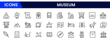 Müze antik sergi ve turist ziyaretleri için servis simgeleri belirlendi. Klasik sütun, heykel ve resim, kitap ve mücevher, müze personeli rozeti ince siyah ve kırmızı çizgili semboller vektör çizimi