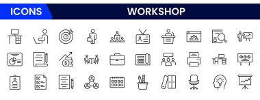 Web simgelerinin atölye çalışması tarzı. Web ve mobil uygulama için İş Atölyesi simgeleri. Takım oluşturma, takım çalışması, koçluk, toplantı, yönetim, koçluk, motivasyon ve daha fazlasını içeriyor