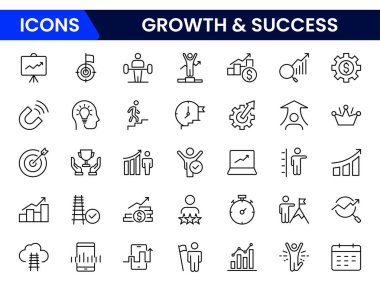Büyüme ve başarı çizgisi simgeleri koleksiyonu. Büyük UI simgesi düz dizayn edildi. İnce taslak simgeler paketi. Vektör illüstrasyonu
