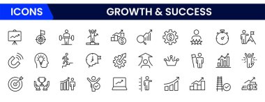 Büyüme ve başarı çizgisi simgeleri koleksiyonu. Büyük UI simgesi düz dizayn edildi. İnce taslak simgeler paketi. Vektör illüstrasyonu